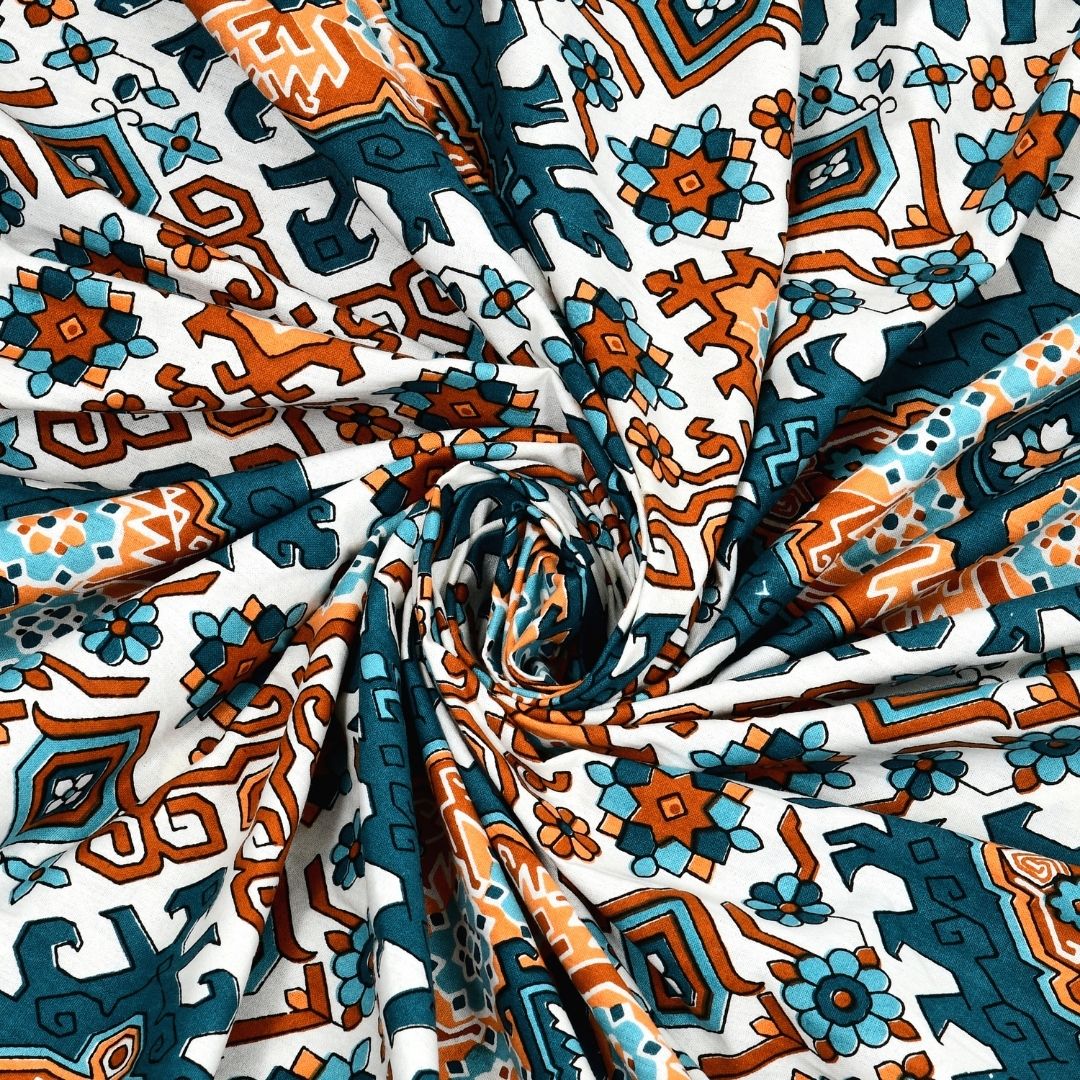Geometric Ikat Mosaic Teal Orange Double Bedsheet Pure Cotton