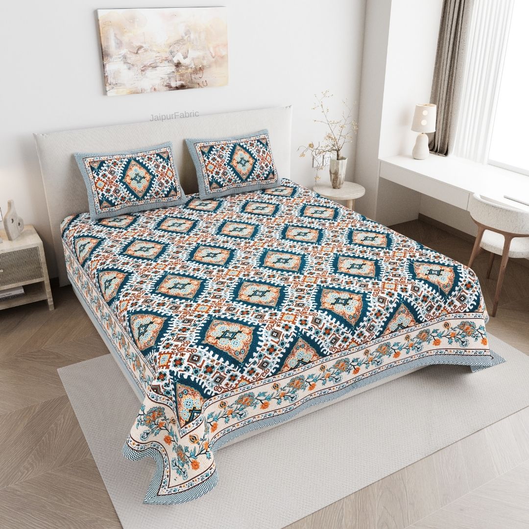 Geometric Ikat Mosaic Teal Orange Double Bedsheet Pure Cotton