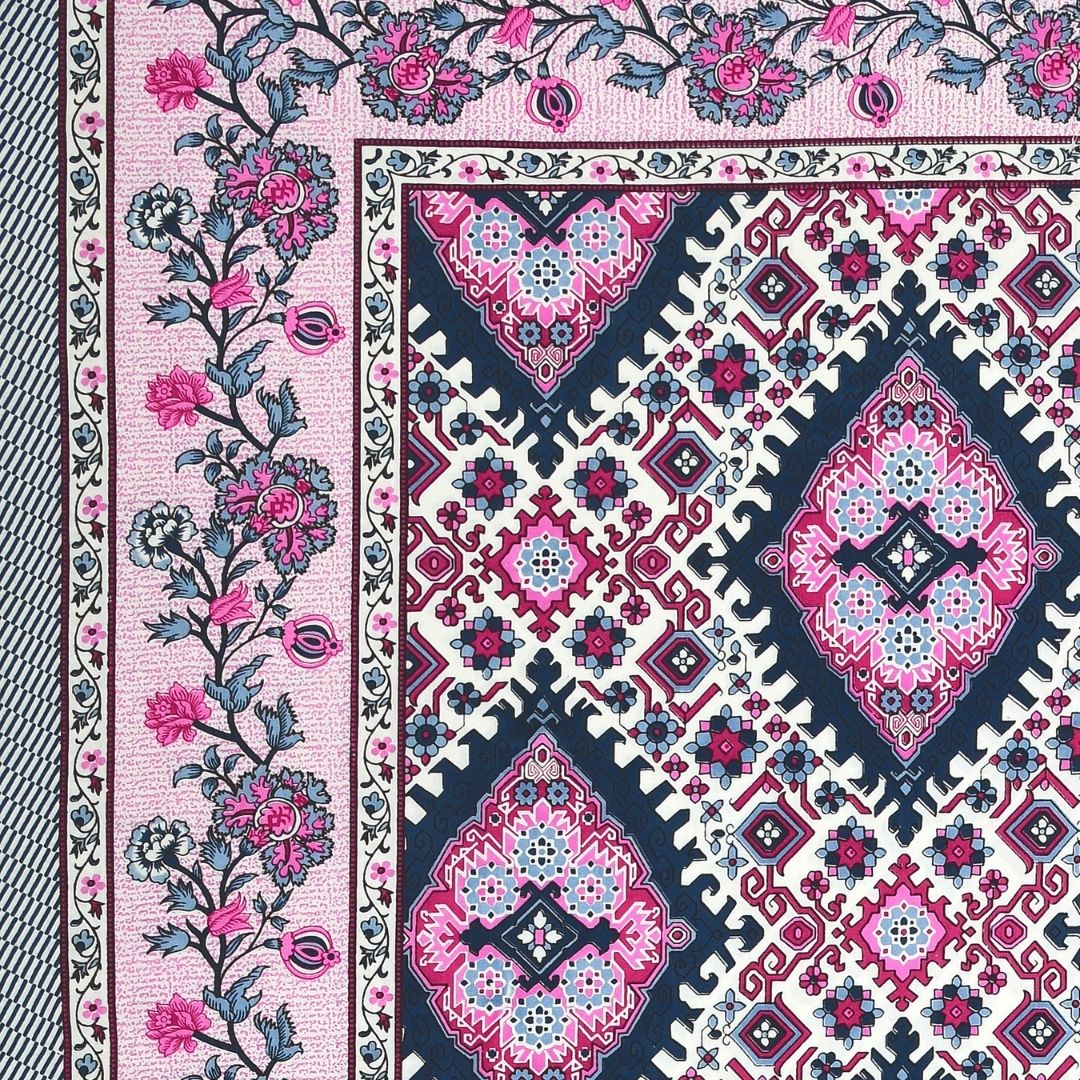 Geometric Ikat Mosaic Pink Navy Double Bedsheet Pure Cotton