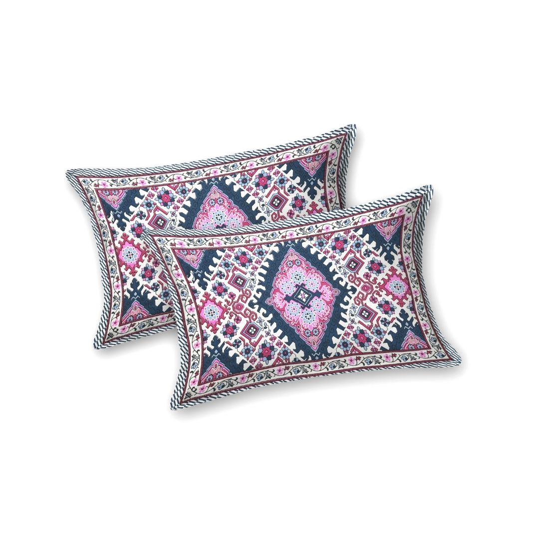 Geometric Ikat Mosaic Pink Navy Double Bedsheet Pure Cotton