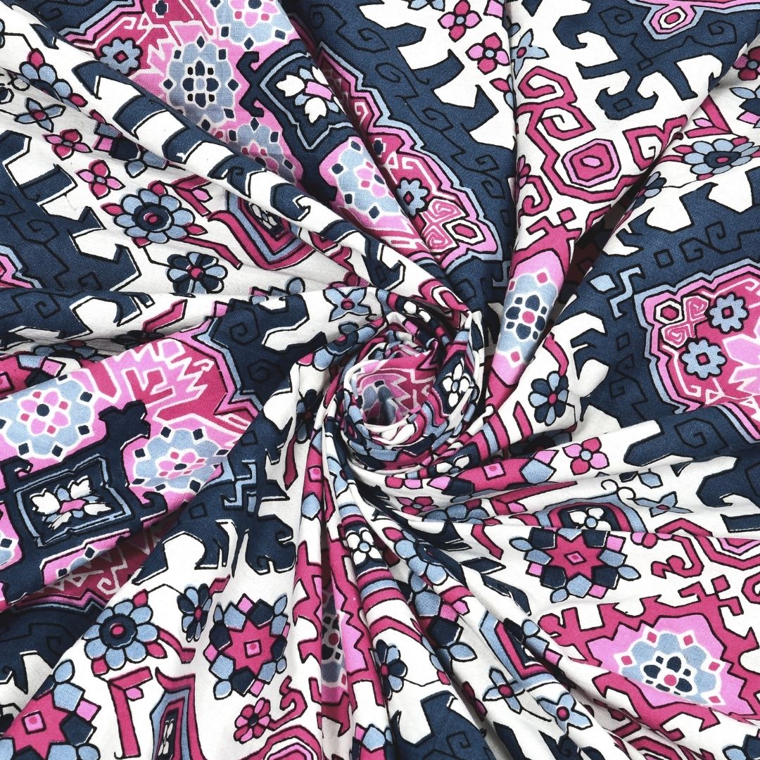 Geometric Ikat Mosaic Pink Navy Double Bedsheet Pure Cotton