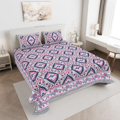 Geometric Ikat Mosaic Pink Navy Double Bedsheet Pure Cotton