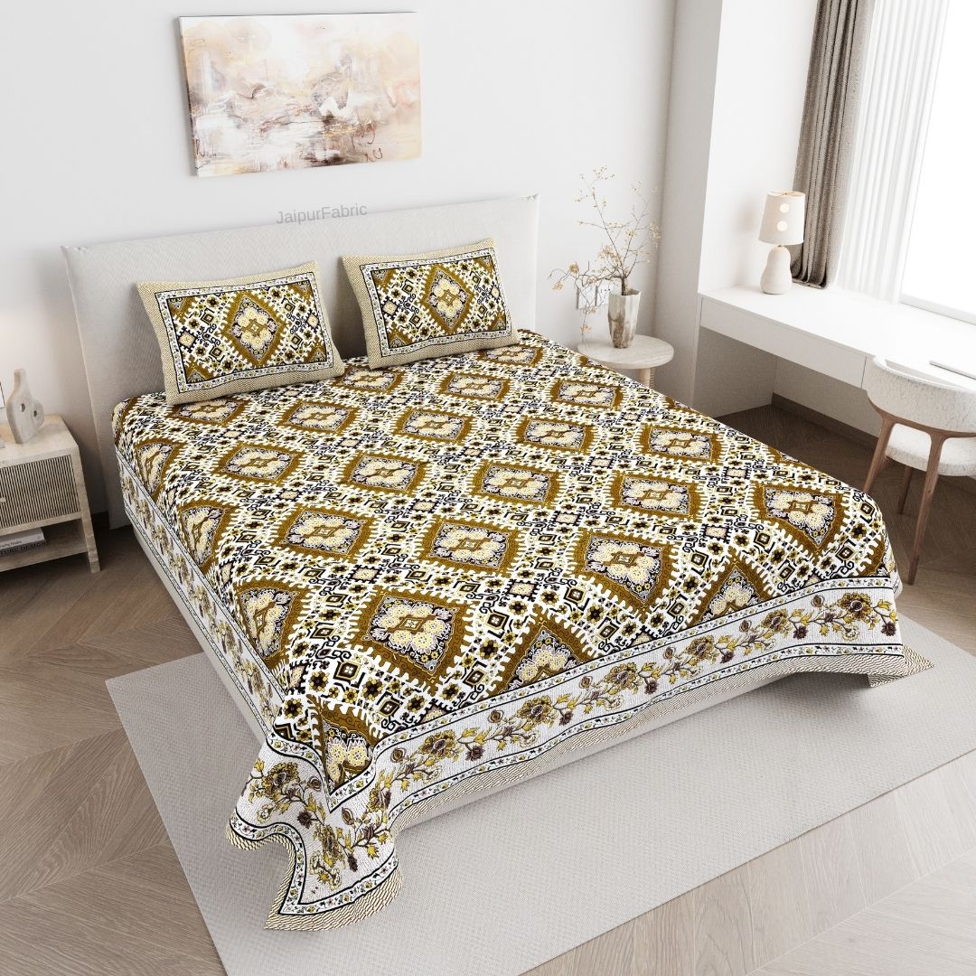 Geometric Ikat Mosaic Mustard Gold Double Bedsheet Pure Cotton