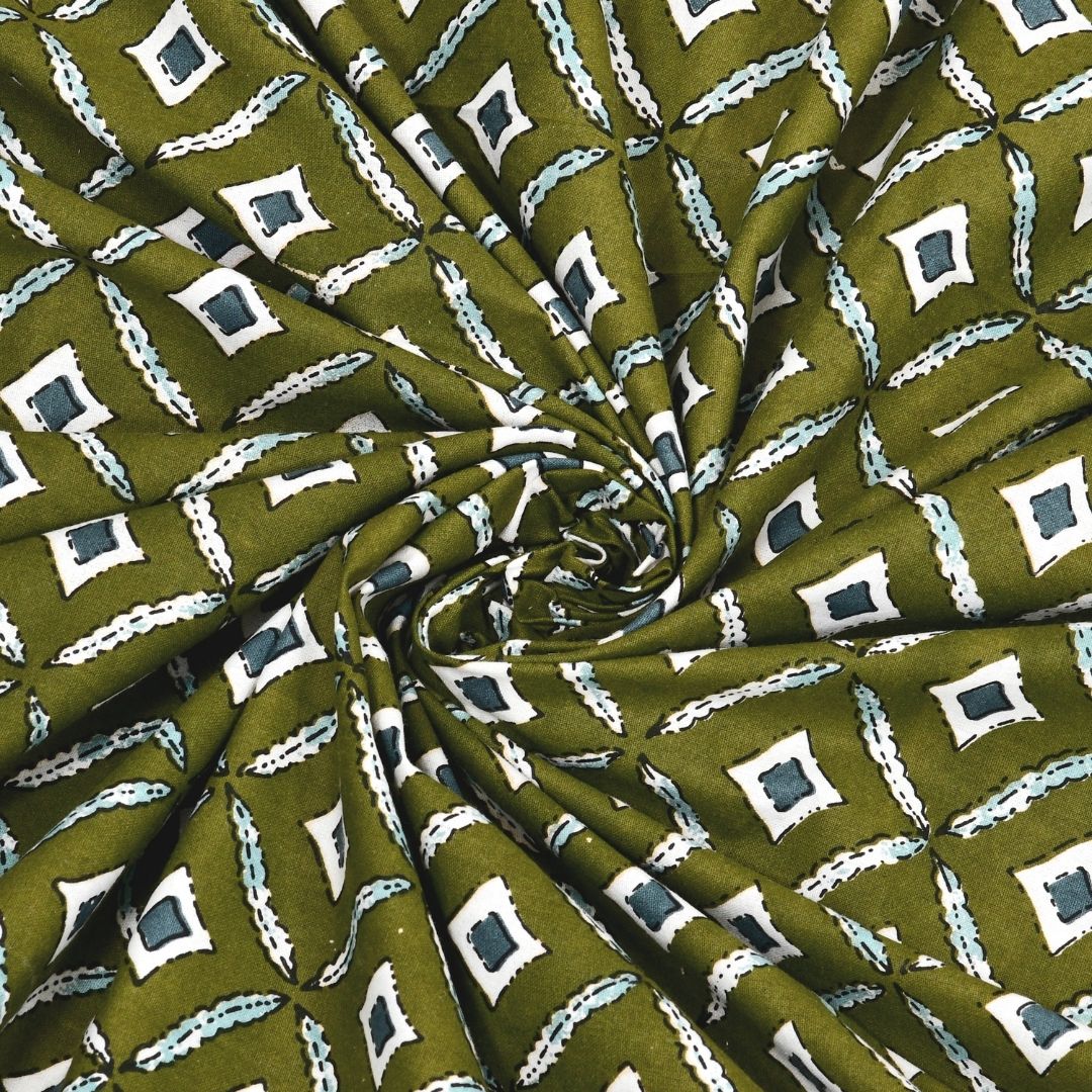 Regal Geometric Border Olive Green Double Bedsheet Pure Cotton