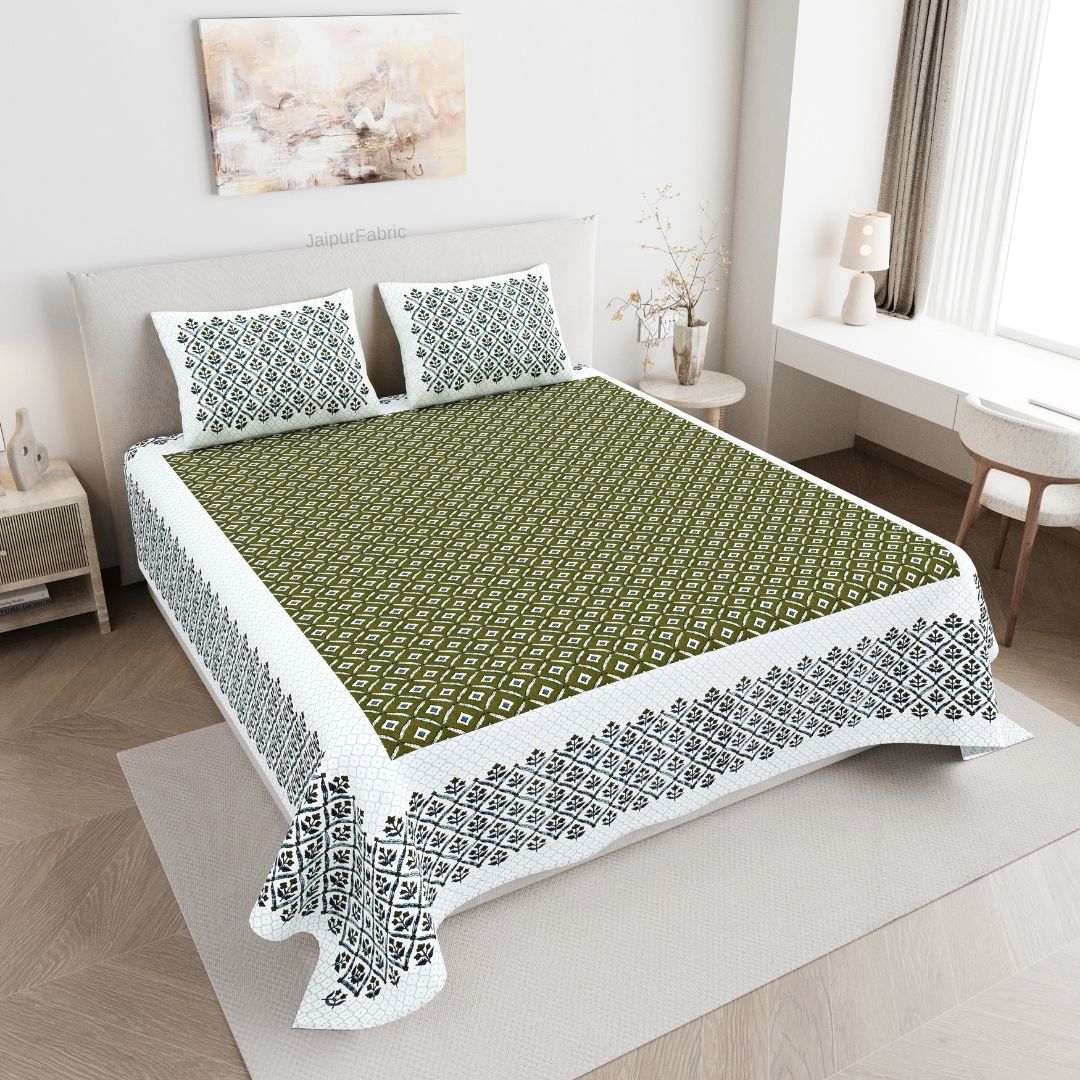 Regal Geometric Border Olive Green Double Bedsheet Pure Cotton
