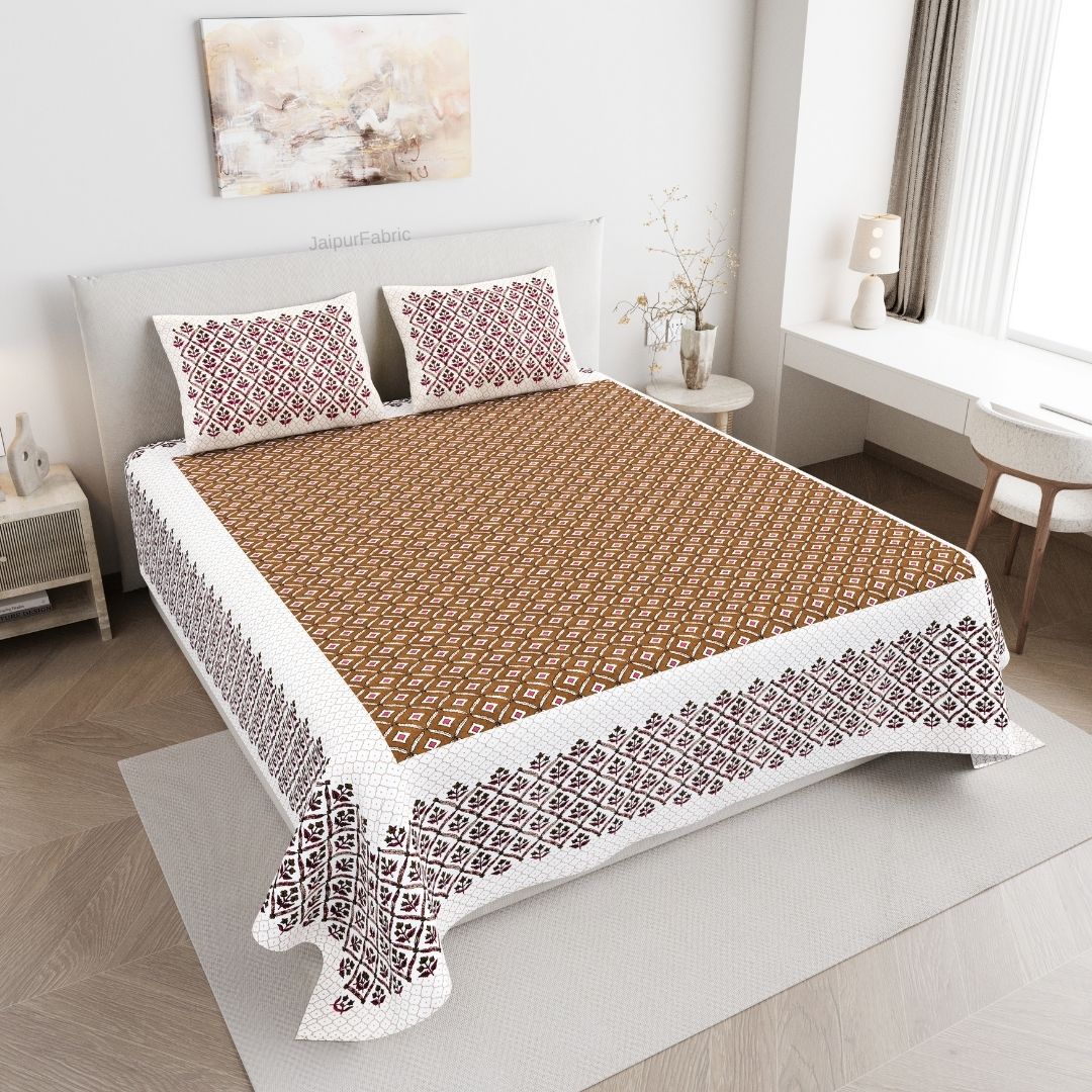 Regal Geometric Border Rust Brown Double Bedsheet Pure Cotton