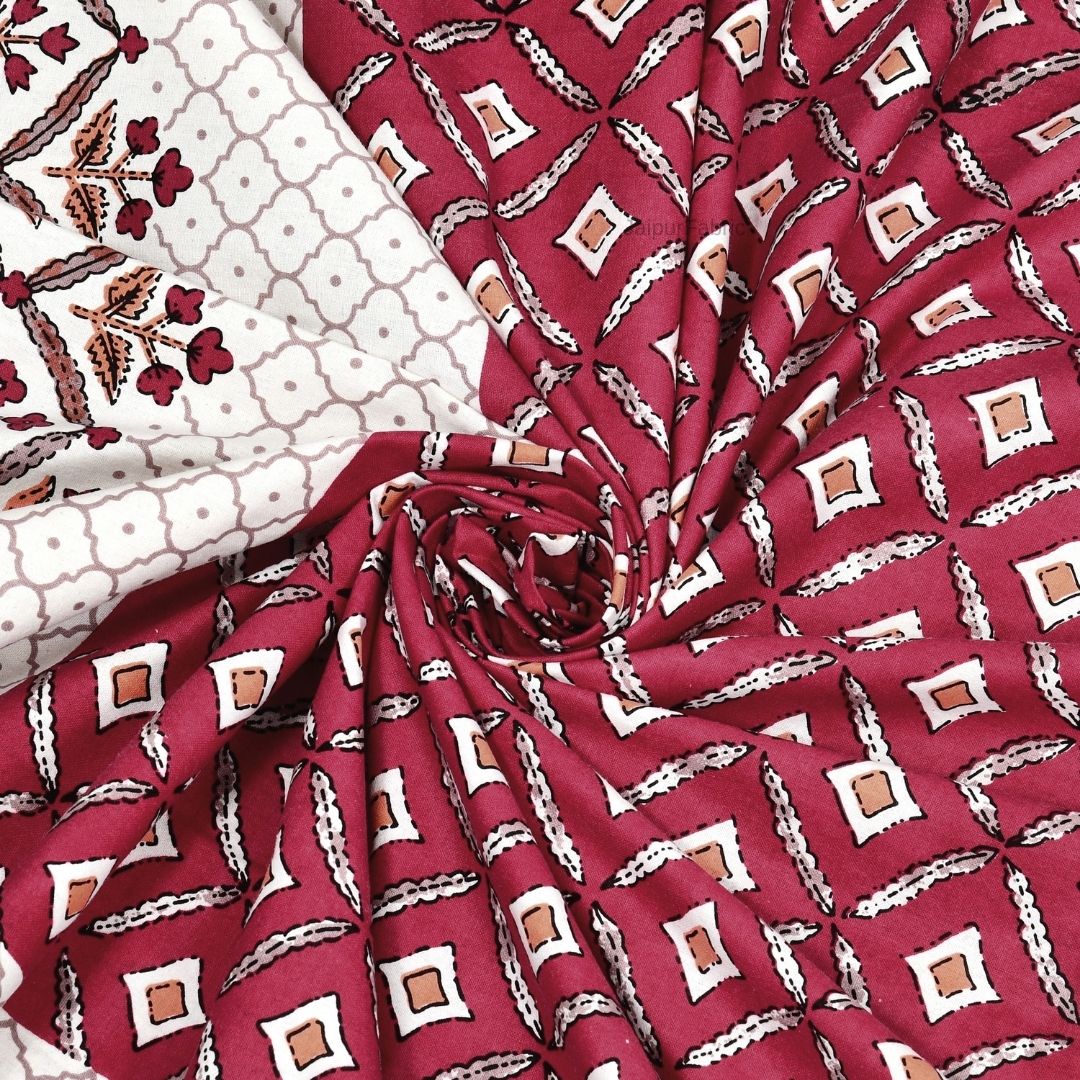 Regal Geometric Border Maroon Red Double Bedsheet Pure Cotton