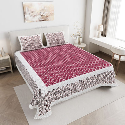 Regal Geometric Border Maroon Red Double Bedsheet Pure Cotton