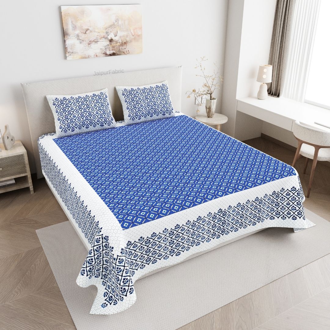 Regal Geometric Border Royal Blue Double Bedsheet Pure Cotton