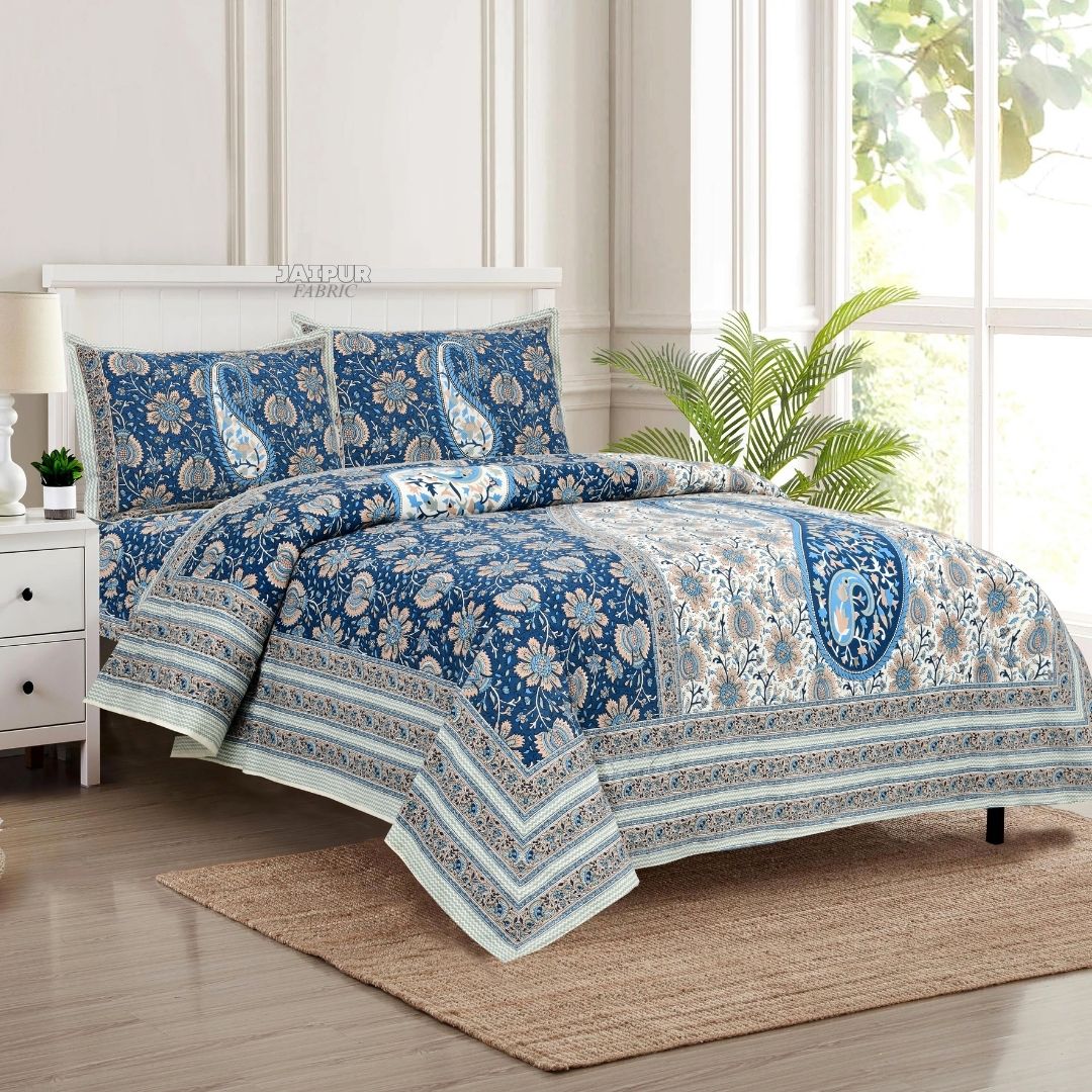 Midnight Blue Jaipuri Heritage Paisley Double Bedsheet