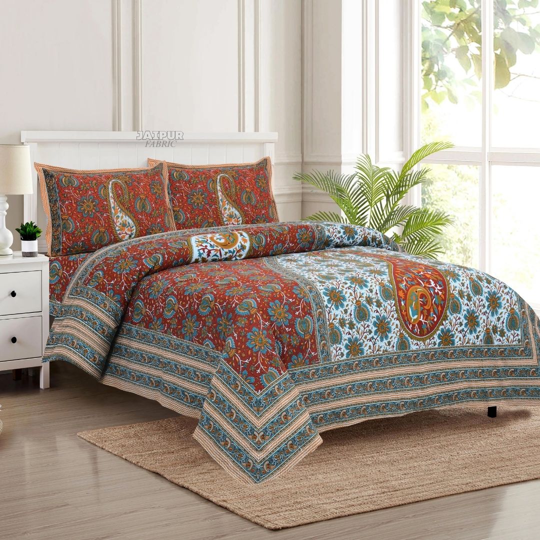 Rustic Orange Jaipuri Heritage Paisley Double Bedsheet