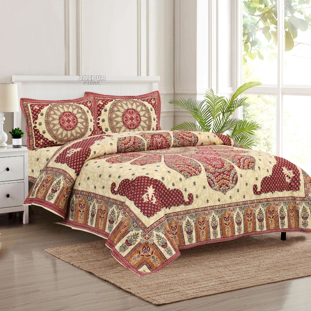 Crimson Red Royal Elephant Mandala Jaipuri Double Bedsheet