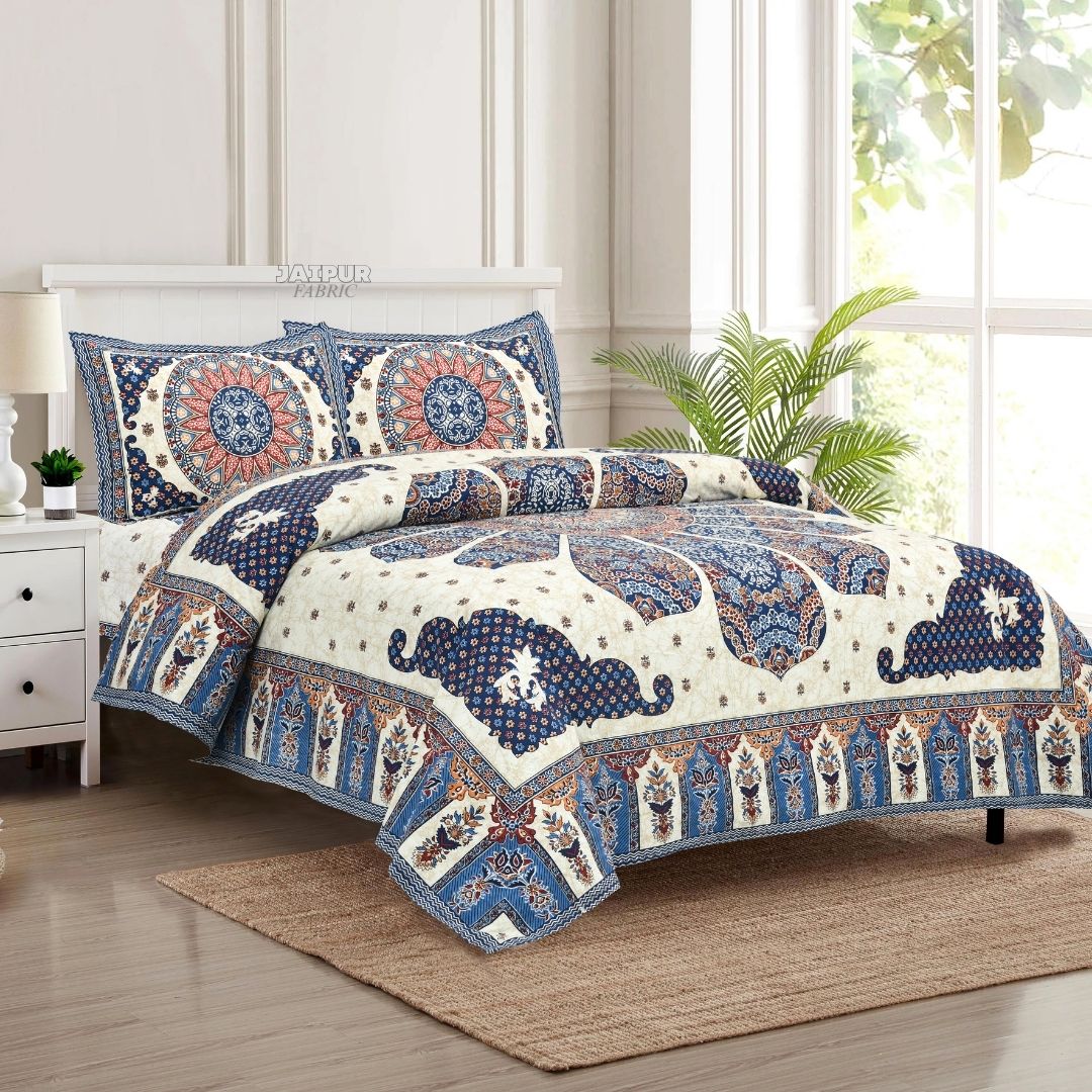 Indigo Blue Royal Elephant Mandala Jaipuri Double Bedsheet