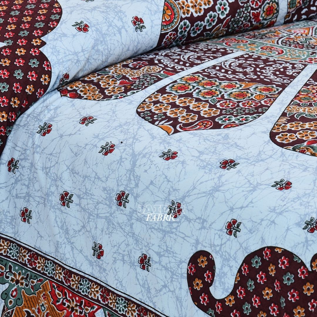 Powder Blue Royal Elephant Mandala Jaipuri Double Bedsheet