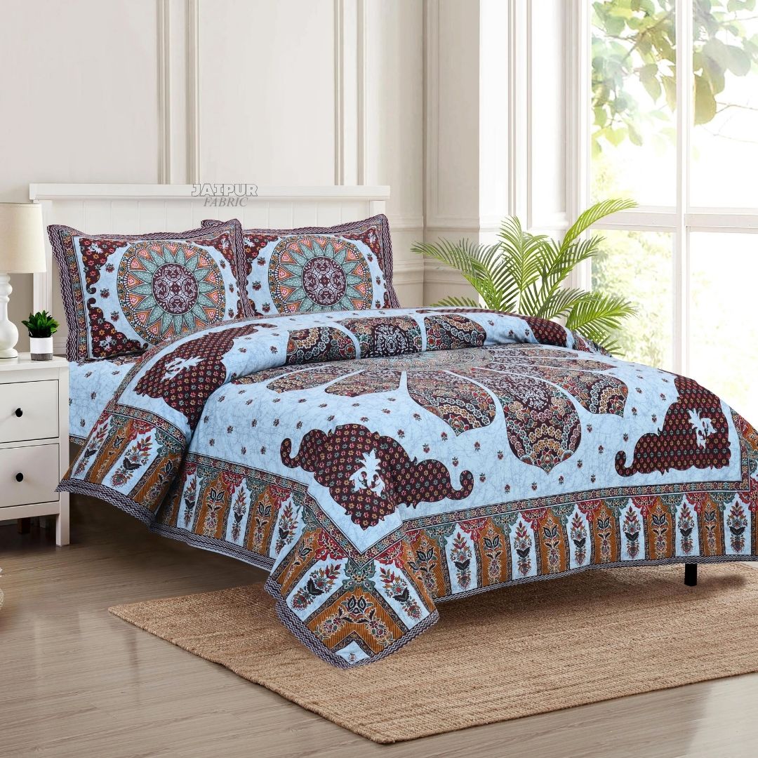 Powder Blue Royal Elephant Mandala Jaipuri Double Bedsheet