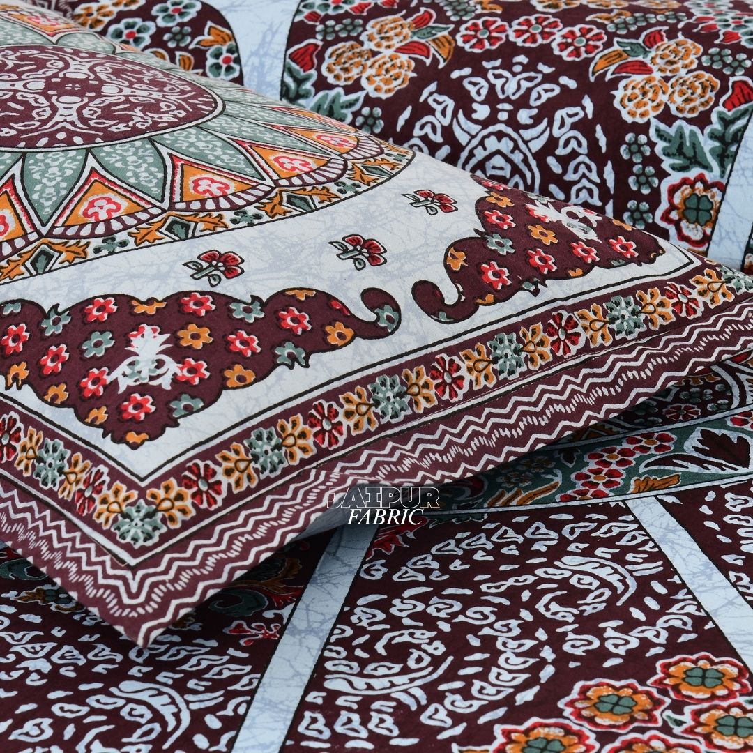 Powder Blue Royal Elephant Mandala Jaipuri Double Bedsheet