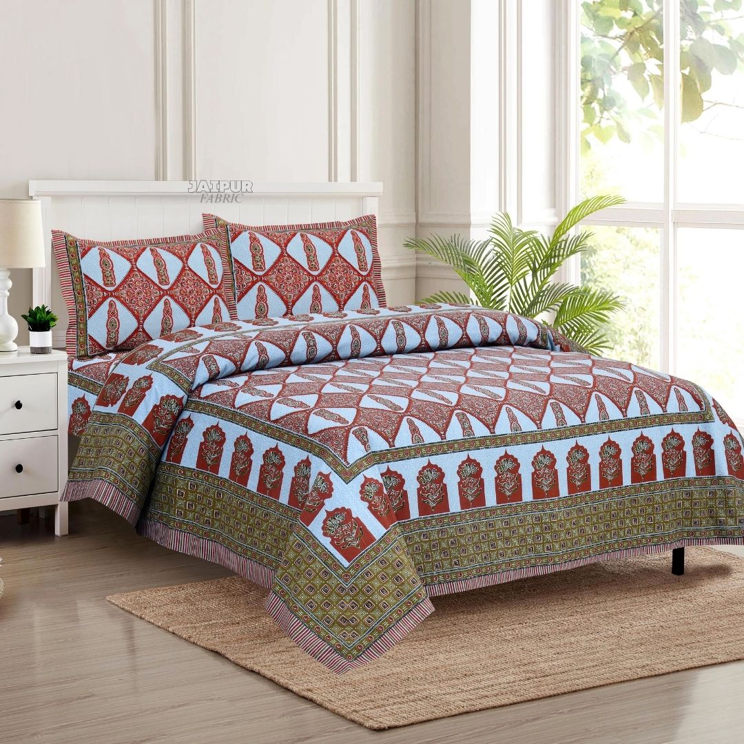 Sky Blue Royal Jharokha Art Double Bedsheet