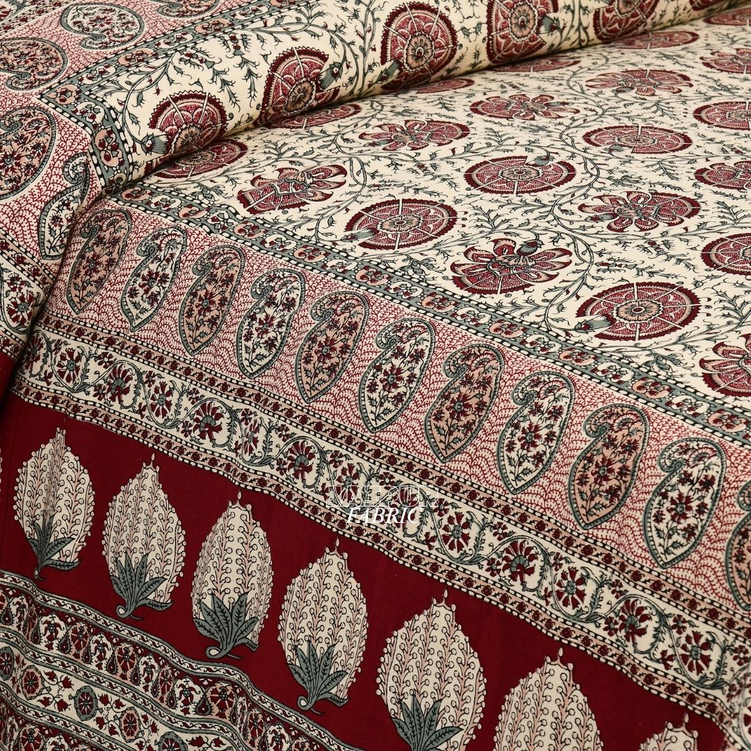 Cream and Maroon Classic Sanganeri Bagh Double Bedsheet