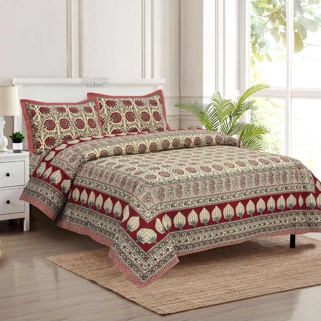 Cream and Maroon Classic Sanganeri Bagh Double Bedsheet