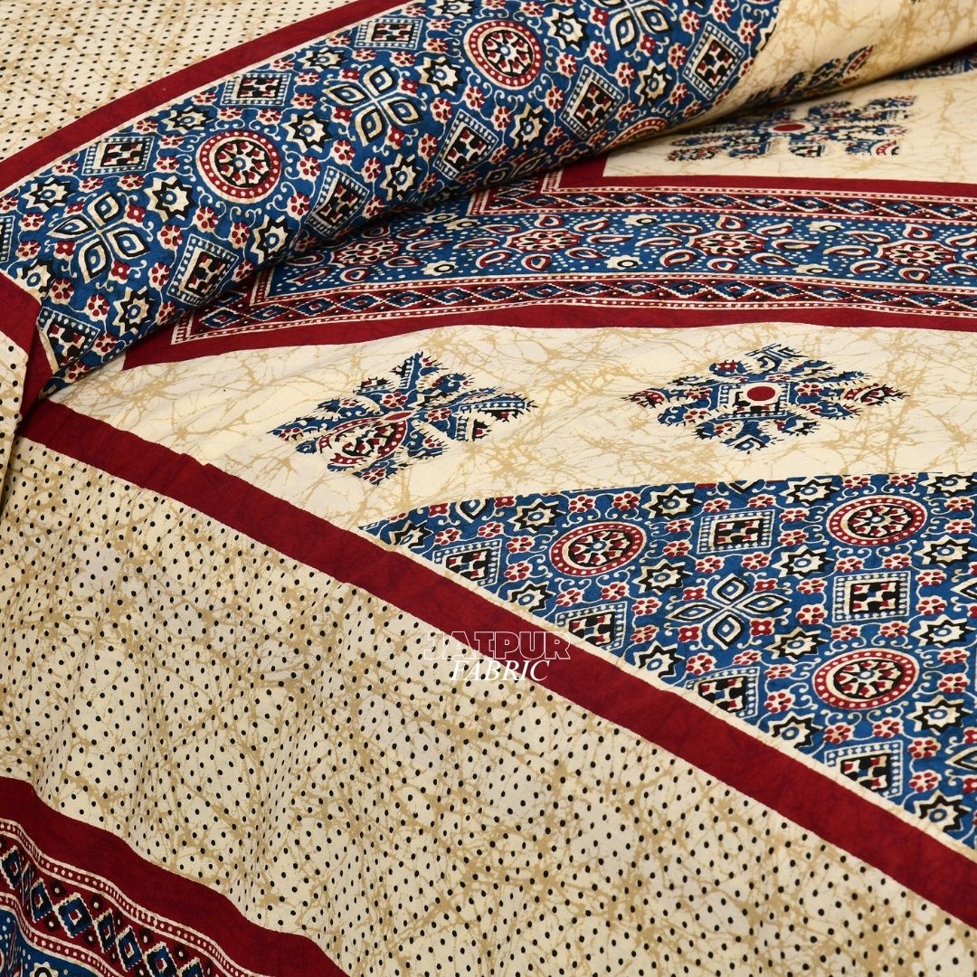 Cream and Indigo Royal Jaipuri Geometric Diamond Double Bedsheet