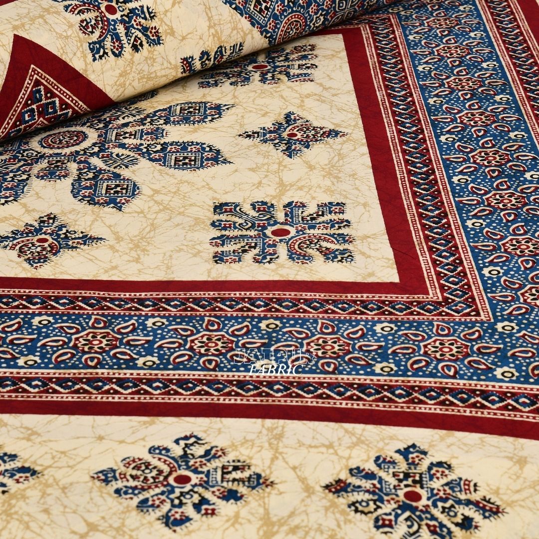 Cream and Indigo Royal Jaipuri Geometric Diamond Double Bedsheet