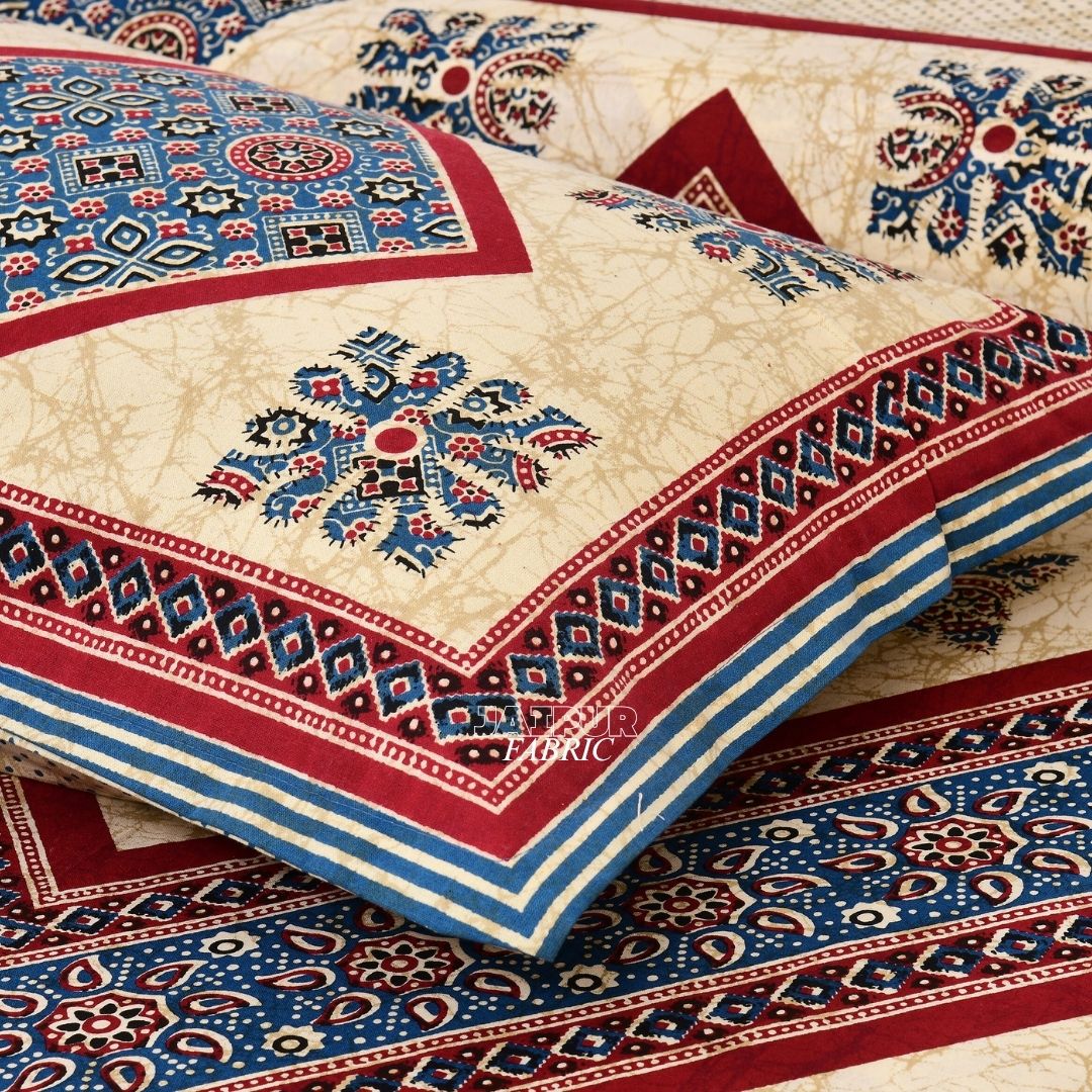 Cream and Indigo Royal Jaipuri Geometric Diamond Double Bedsheet