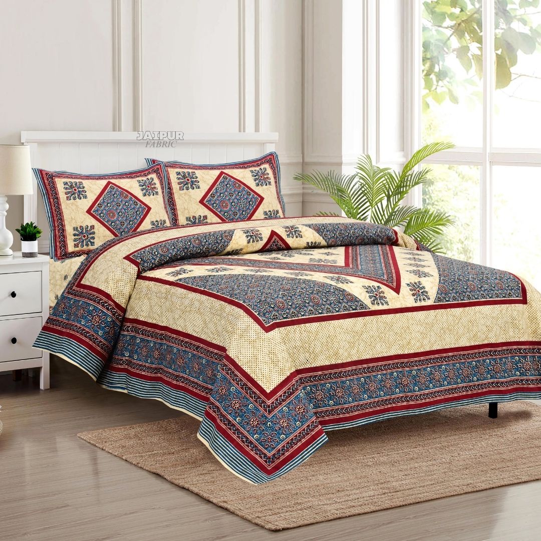Cream and Indigo Royal Jaipuri Geometric Diamond Double Bedsheet