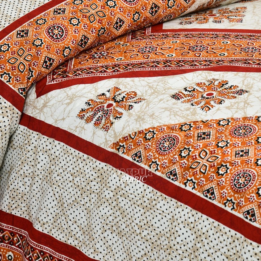 Cream and Rust Orange Royal Jaipuri Geometric Diamond Double Bedsheet