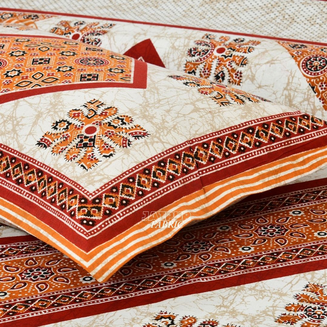 Cream and Rust Orange Royal Jaipuri Geometric Diamond Double Bedsheet