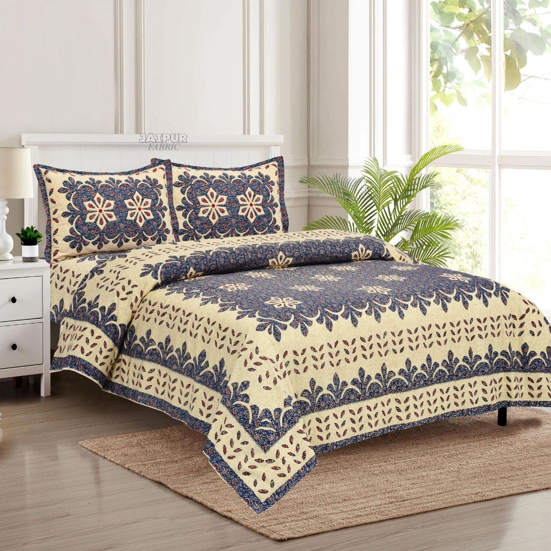 Cream and Navy Royal Jaipuri Floral Medallion Double Bedsheet