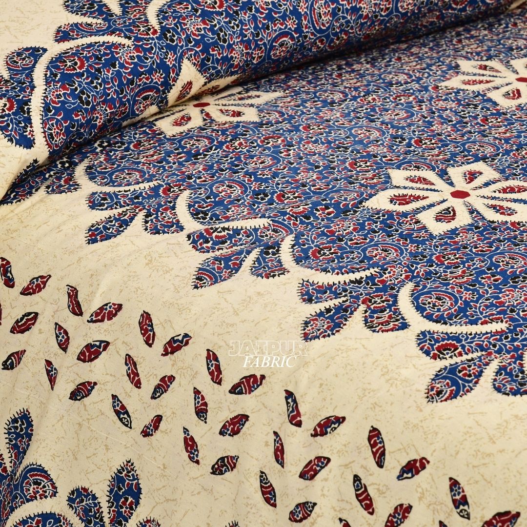 Cream and Navy Royal Jaipuri Floral Medallion Double Bedsheet