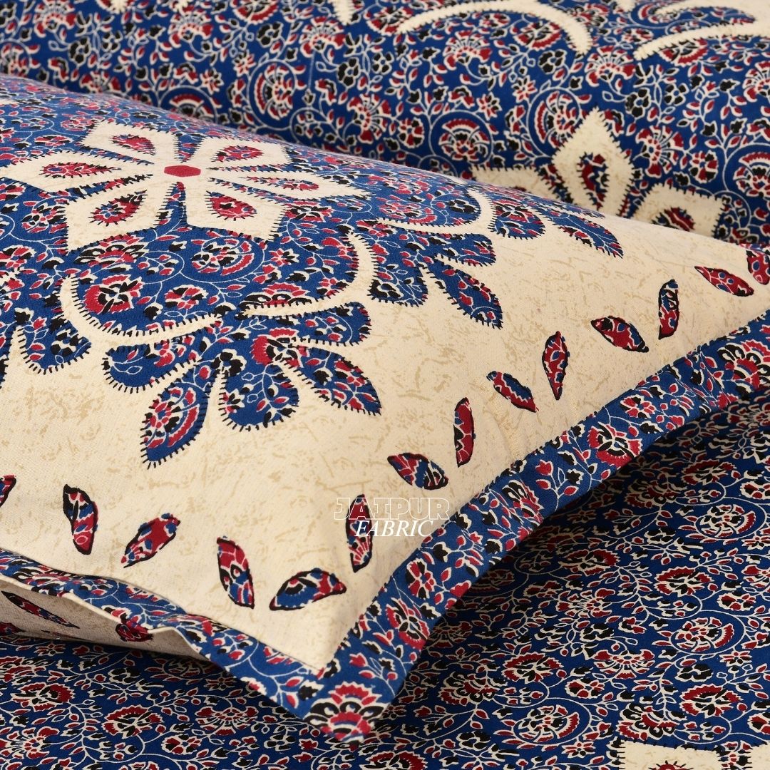 Cream and Navy Royal Jaipuri Floral Medallion Double Bedsheet