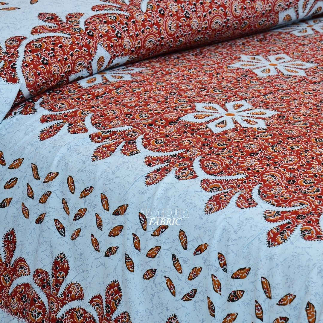 Sky Blue and Rust Royal Jaipuri Floral Medallion Double Bedsheet