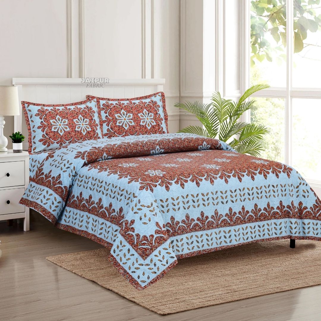 Sky Blue and Rust Royal Jaipuri Floral Medallion Double Bedsheet