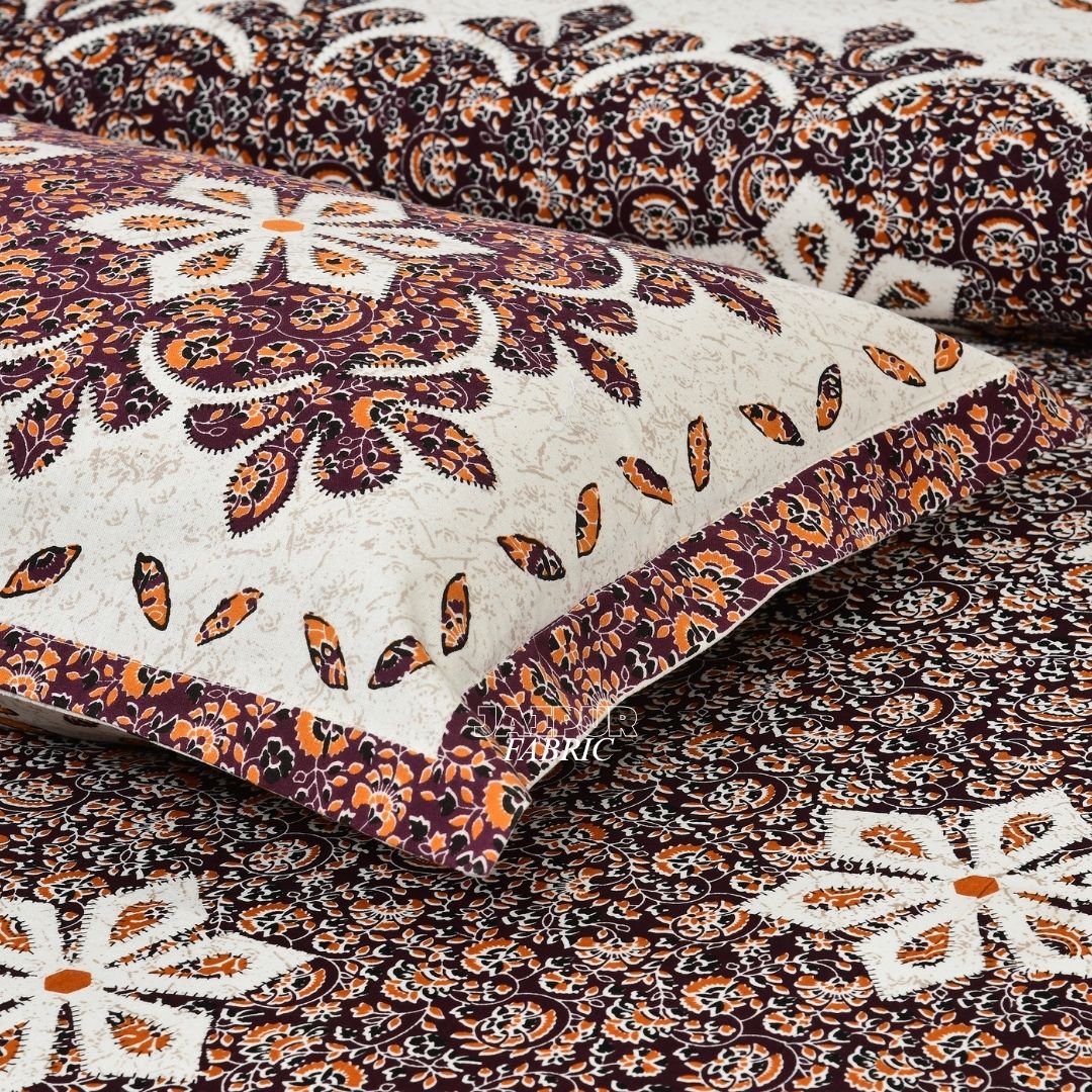 Cream and Chocolate Royal Jaipuri Floral Medallion Double Bedsheet