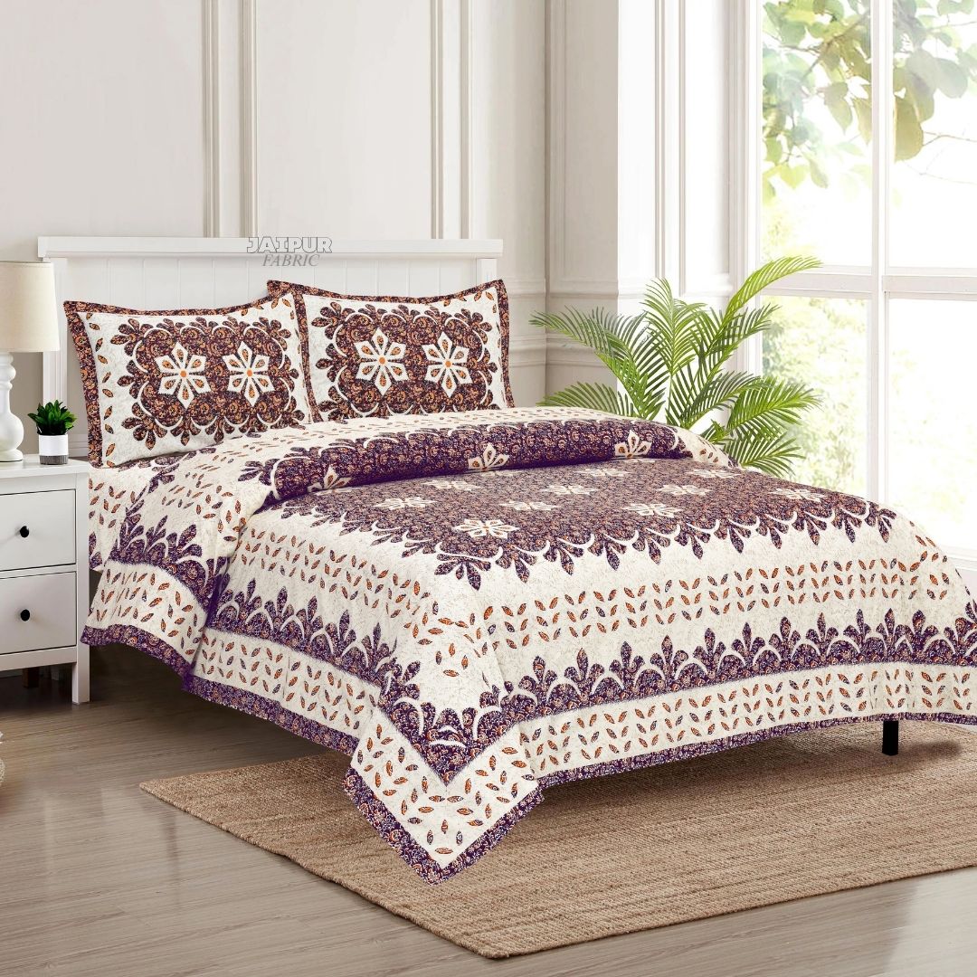 Cream and Chocolate Royal Jaipuri Floral Medallion Double Bedsheet