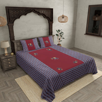 Applique Maroon Elephant Jaipuri  Hand Made Embroidery Patch Work Double Bedsheet