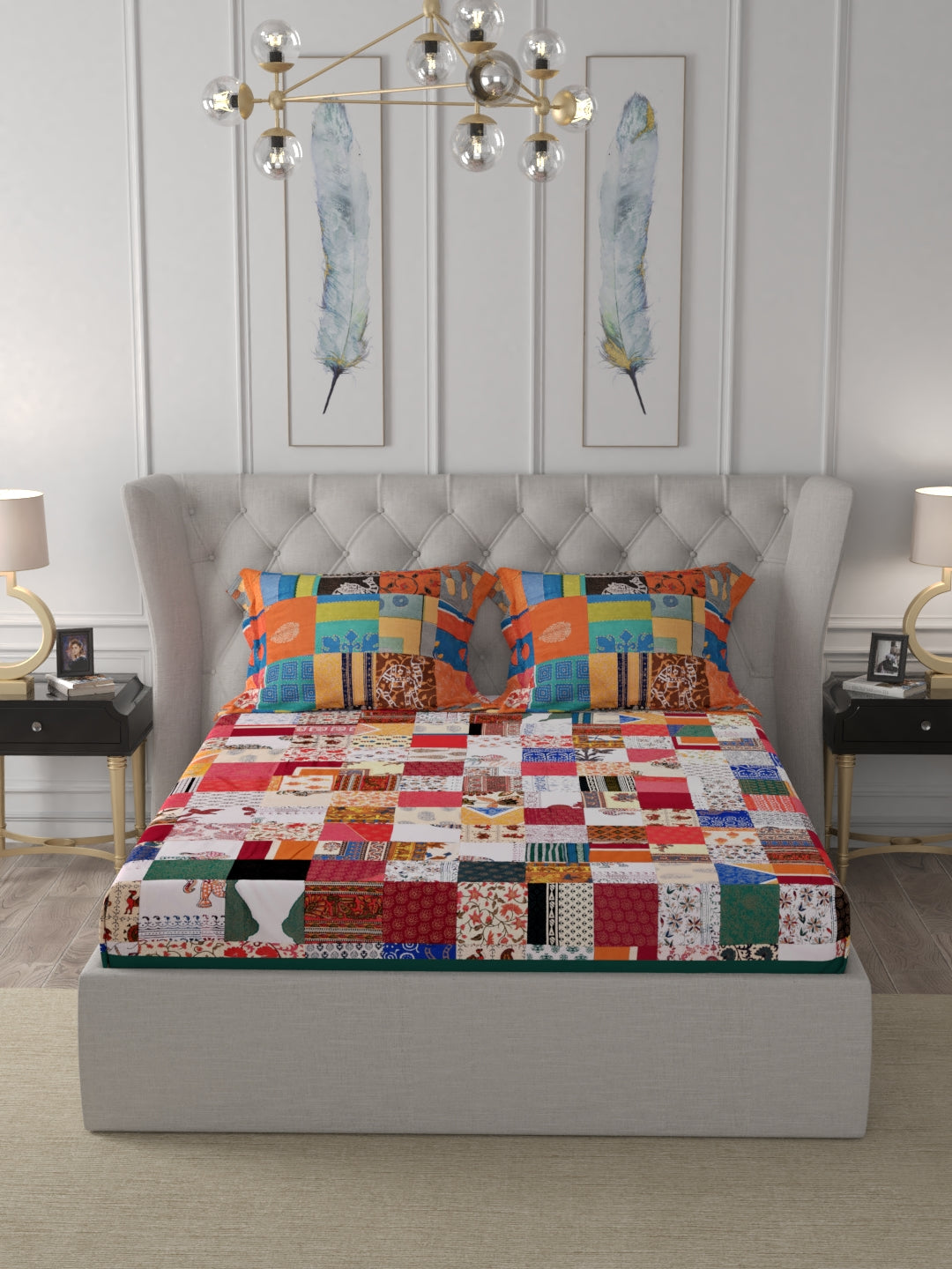 Mix Tukdi Super Fine Cotton Golden Print Double Bedsheet