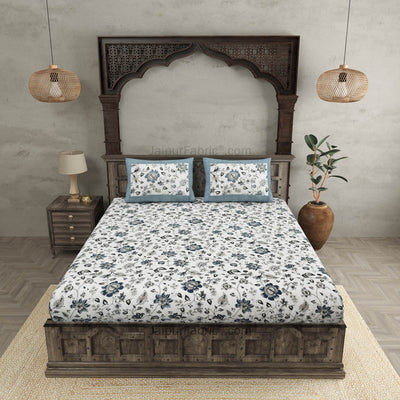 Pure Cotton 240 TC Double bedsheet in blueish floral pattern