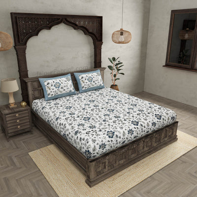Pure Cotton 240 TC Double bedsheet in blueish floral pattern