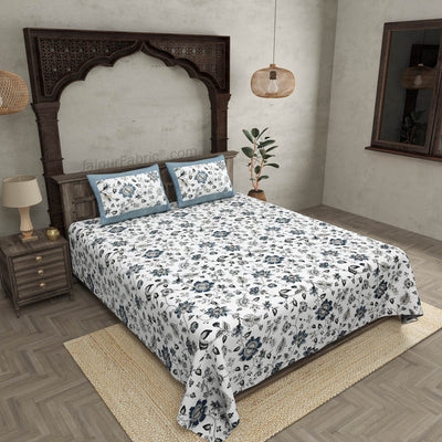 Pure Cotton 240 TC Double bedsheet in blueish floral pattern