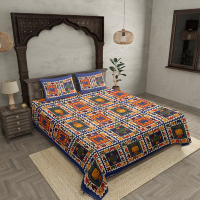 Blue Border Elephant Pattern Screen Print Double Bed Sheet