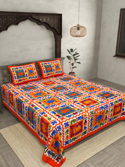 Orange Border Elephant Pattern Screen Print Double Bed Sheet