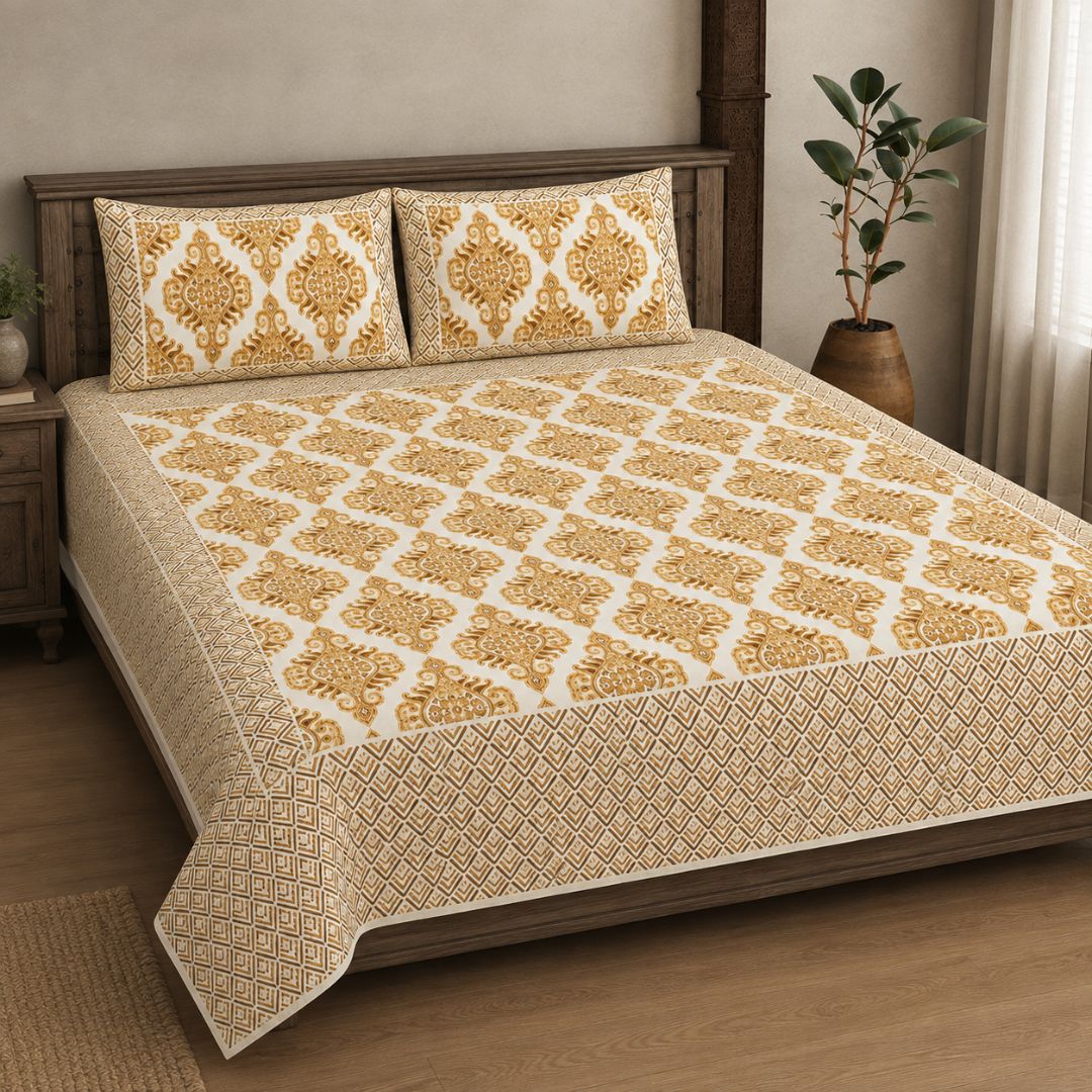 Pure Cotton Golden Color Zigzag Border Jaipuri Double Bedsheet