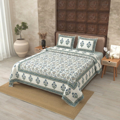 Pure Cotton Green Color Floral Ethnic Jaipuri Double Bedsheet