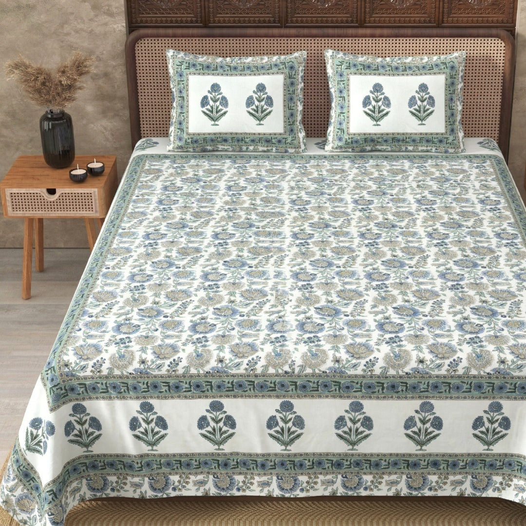 Pure Cotton Green Color Floral Ethnic Jaipuri Double Bedsheet