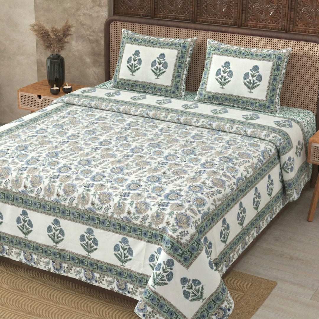 Pure Cotton Green Color Floral Ethnic Jaipuri Double Bedsheet