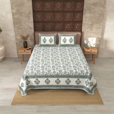 Pure Cotton Green Color Floral Ethnic Jaipuri Double Bedsheet