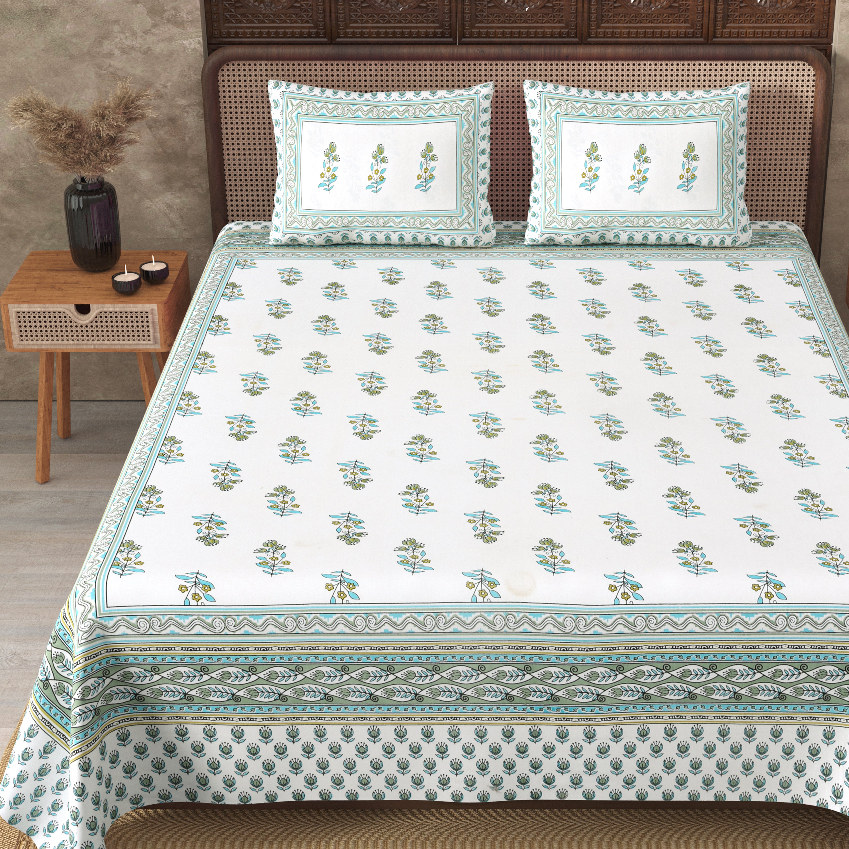 English Green Pastel Cotton Double Bedsheet