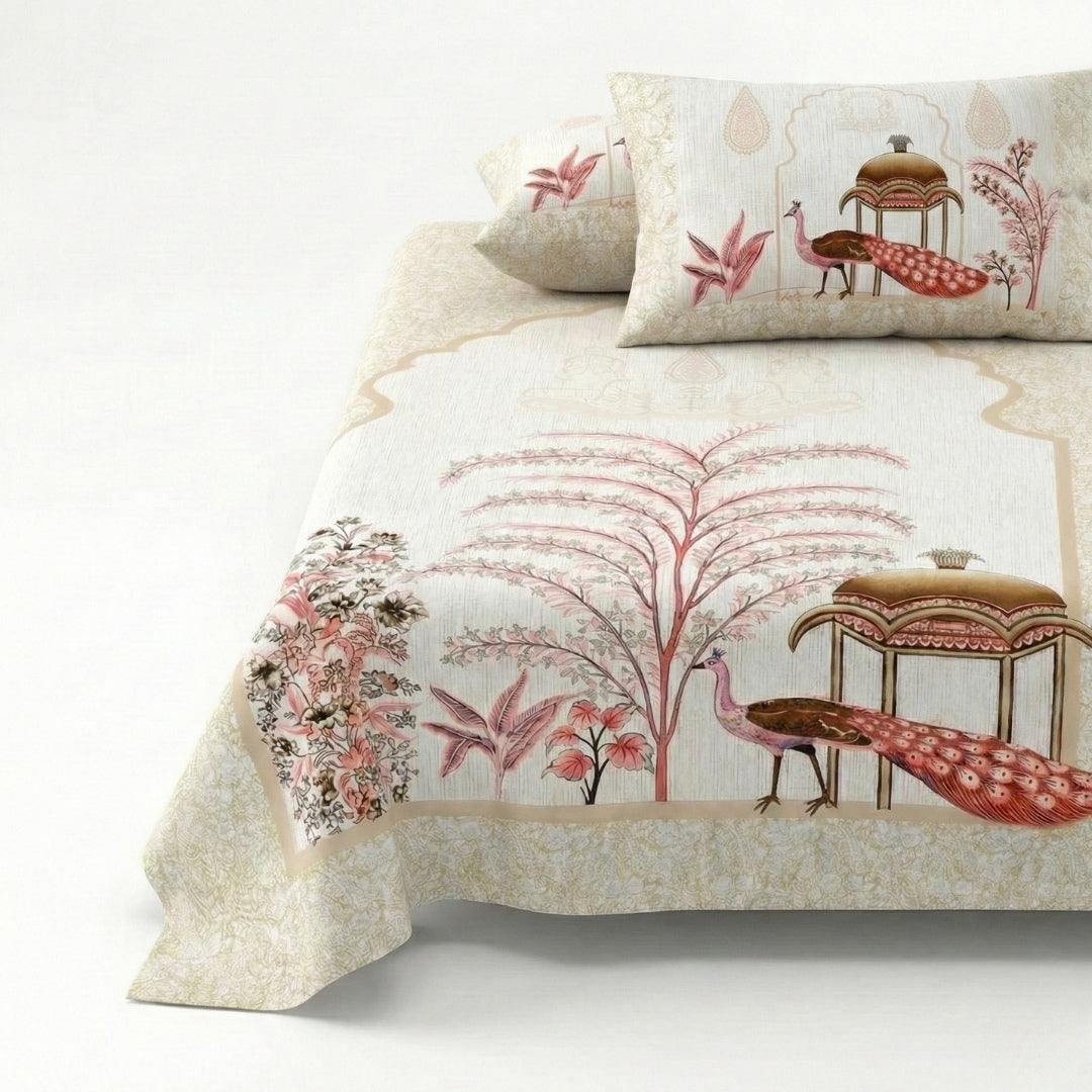 Classic Peacock Bliss Pure Cotton Rose Gold Double Bedsheet